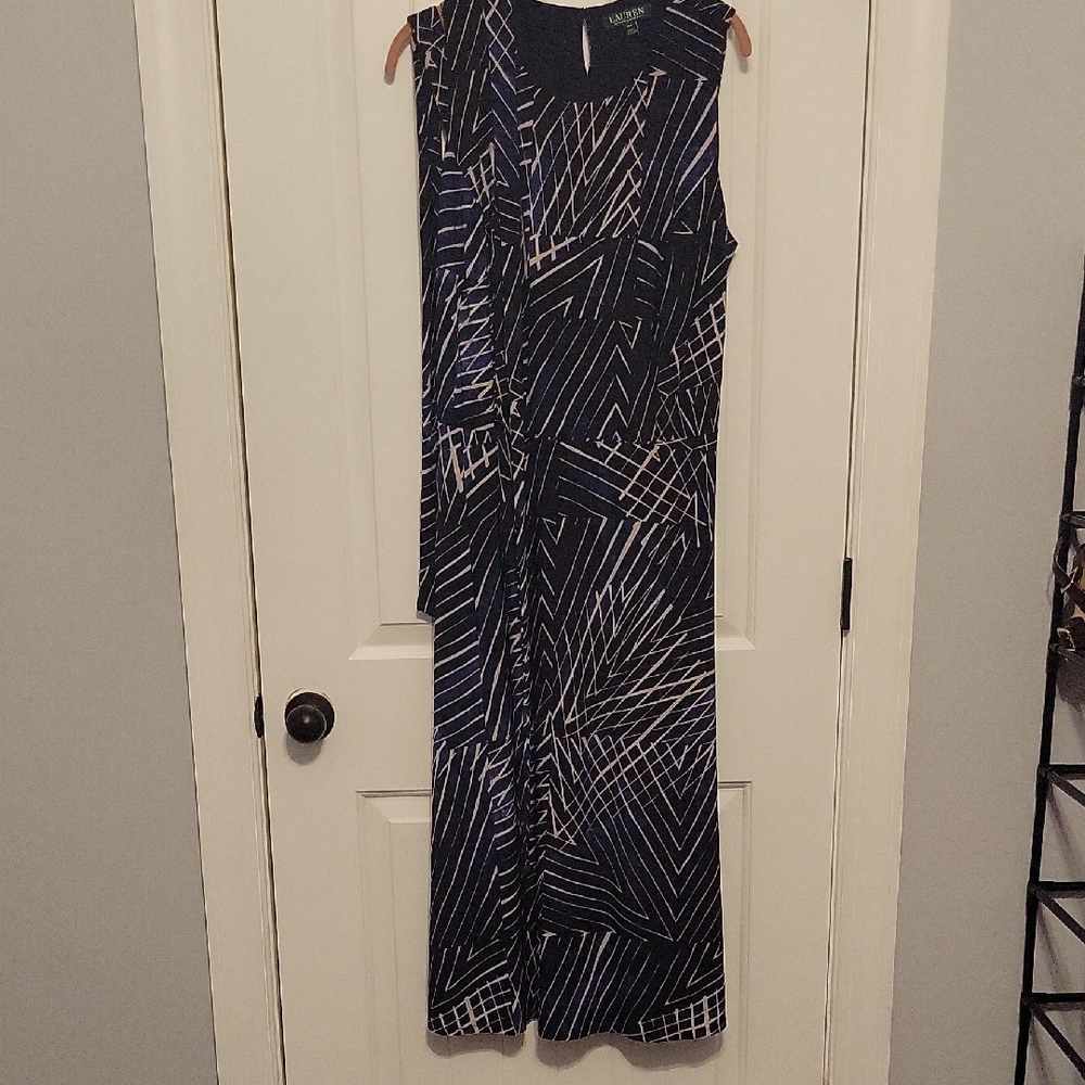 Lauren Ralph Lauren Black. Blue And Cream  Sleeveless Mock Neck Maxi Dress